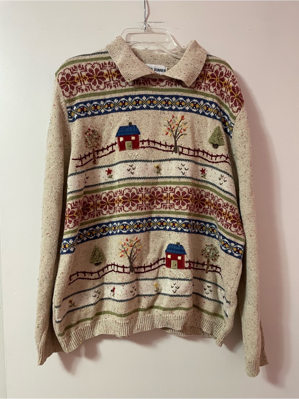 Vintage Cream Country fall winter Scene Collared Sweater